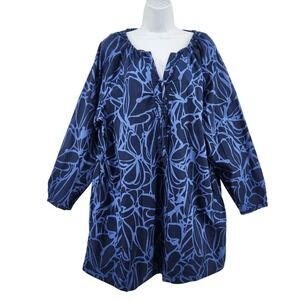 Banana Republic Tie‎ Neck Poplin Mini Dress Women's XL Blue Floral Long Sleeve